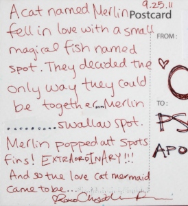 Cat mermaid story, postcard back, Crystal Price, 2011